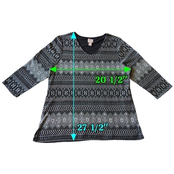 Chico's Black Silver Abstract Metallic 3/4 Sleeve Lined V-Neck Top Shimmering - Picture 3 of 8